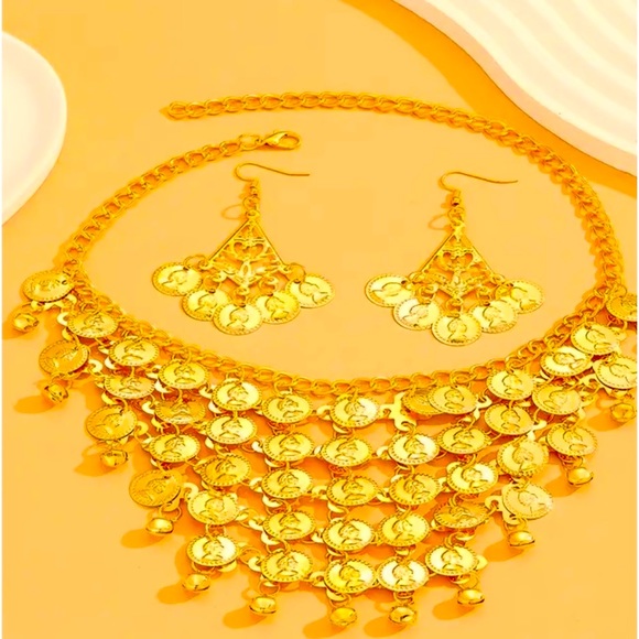 BOHO STYLE EARRINGS + NECKLACE SET GOLDEN COIN DESIGN NEW - Picture 4 of 5